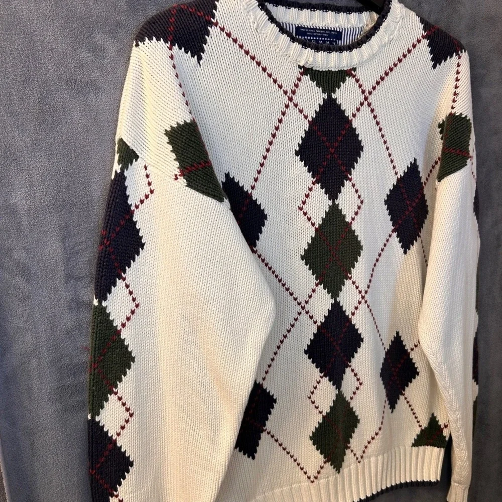 VTG Tommy Hilfiger Men's XL Argyle Heavy Knit Sweater Ivory Green Navy Cotton